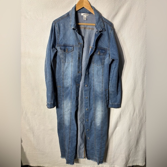 Revamped Jackets & Blazers - Revamped Sz L Light Wash Denim Buttoned Belted Dress Jacket Pocket & Raw Hem